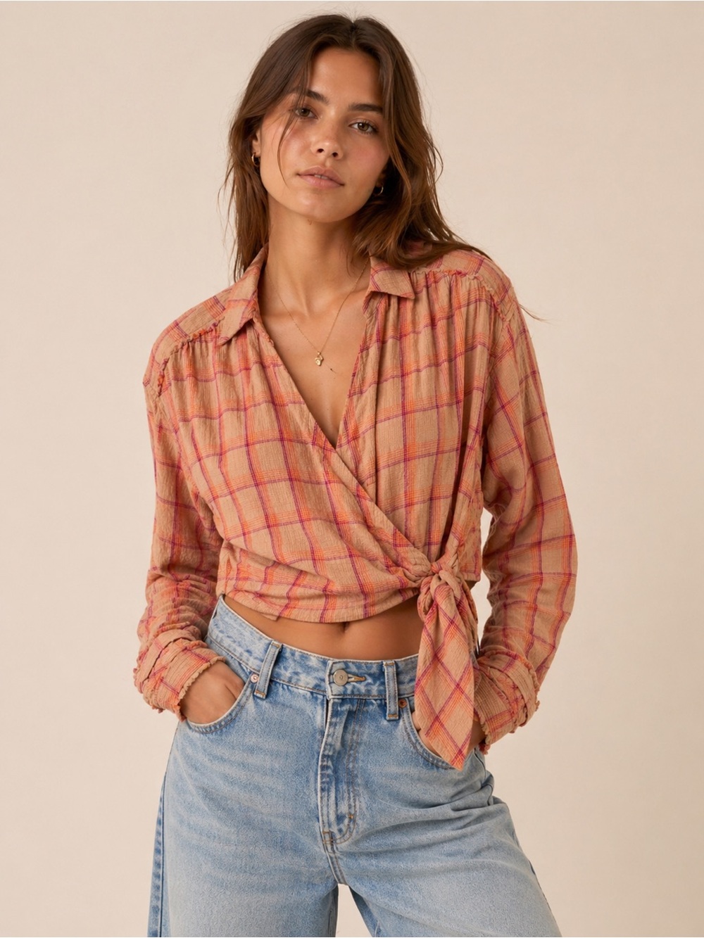 Free People Plaid Wrap Top Flannel Tie Front Boho Blouse Size Large Pink Cream